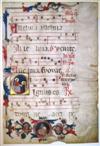 MANUSCRIPT LEAF CHRIST PRESENTING GOSPELS. Vellum leaf from Latin antiphonary with historiated initial D. Bologna, 14th century